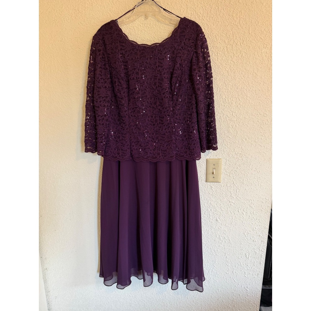 Alex Evenings Womens Plum Purple Sequin‎ Lace Chiffon Midi Dress Size 16 Formal